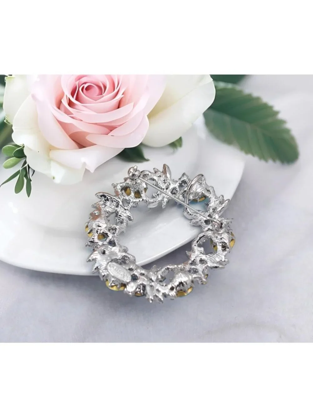 Elegant Crystal Rhinestone Flower Wreath Brooch Pin for Weddings & Holidays